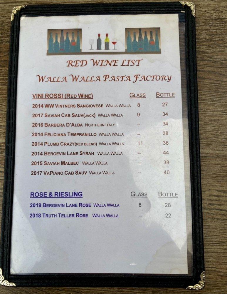 Menu at Walla Walla Pasta Factory restaurant, Walla Walla