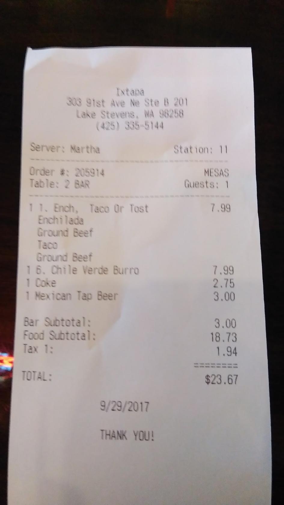 Menu at Ixtapa Mexican Restaurant, Lake Stevens, 303 91st Ave NE Ste B201