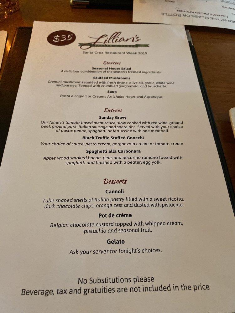 Menu at Lillian s Italian Kitchen steakhouse Santa Cruz Soquel Ave