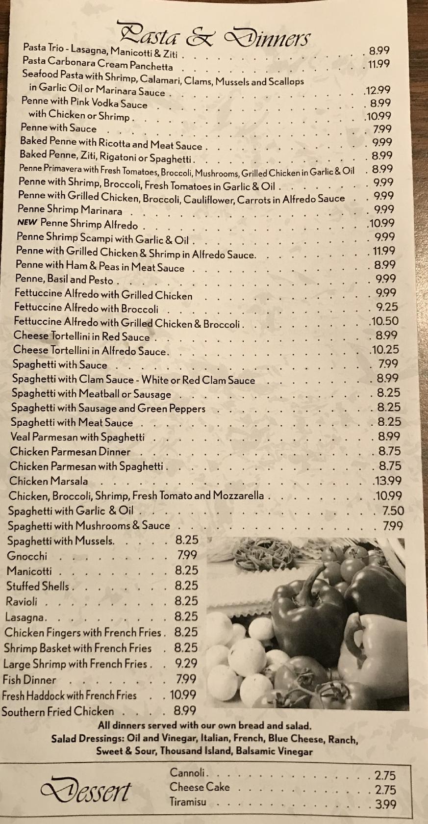 Menu at Frank’s Original Italian Pizza pizzeria, McClure