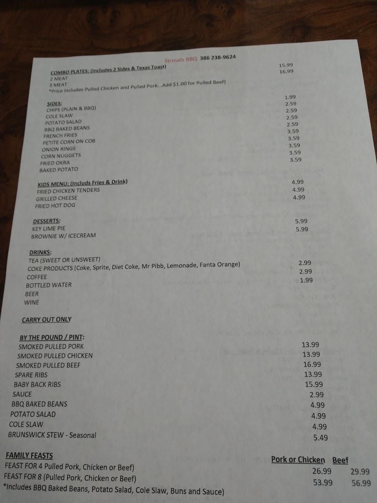 Menu at Strouds Barbeque & Grill, Daytona Beach Shores