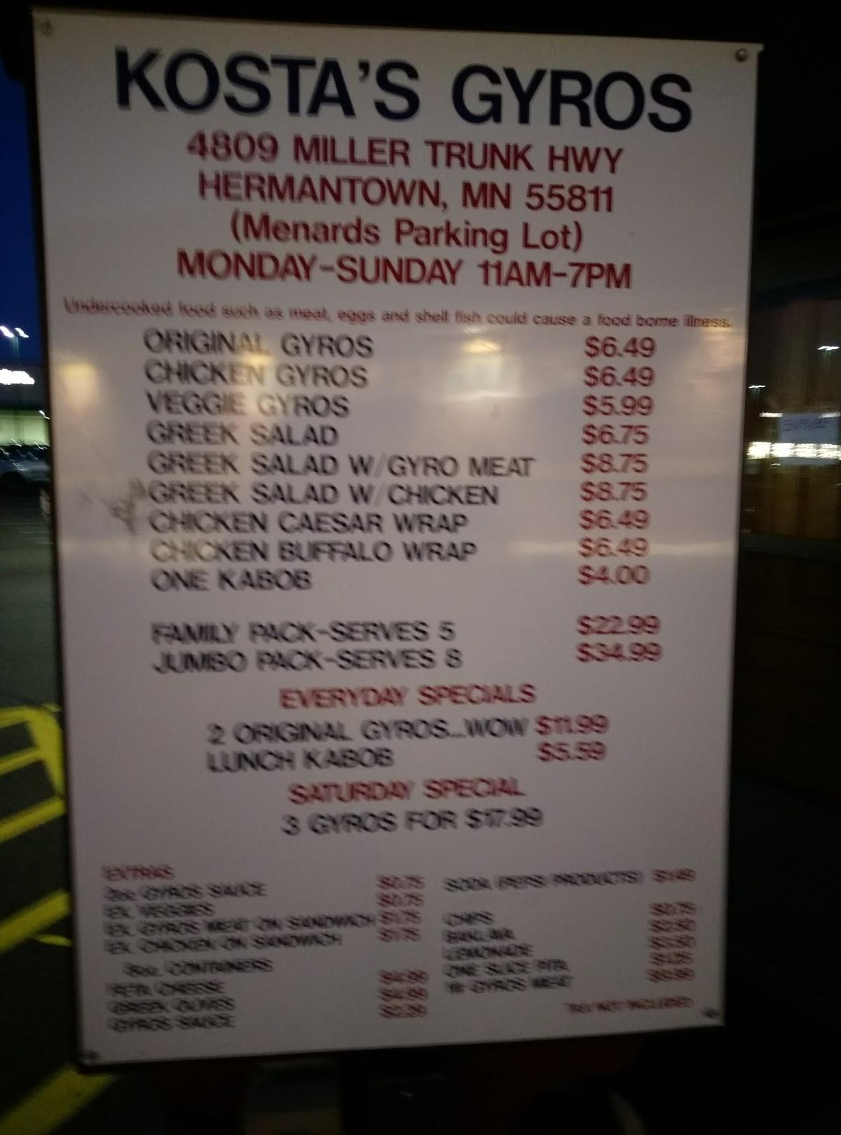 Menu at Kosta's Gyros restaurant, Hermantown, Miller Trunk Hwy