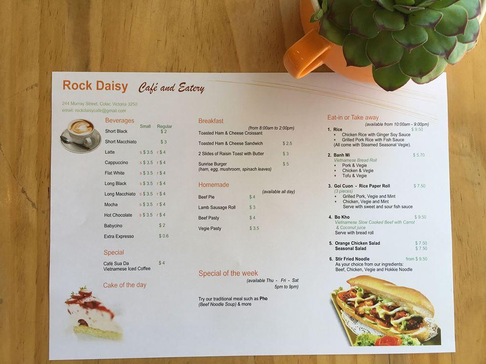 Menu at Rock Daisy Cafe & Eatery, Colac