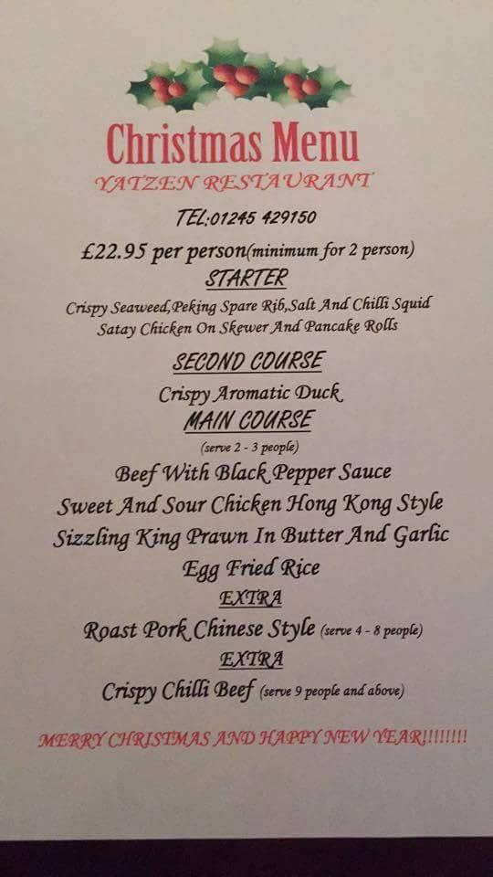 Menu at Yatzen Chinese Restaurant, South Woodham Ferrers