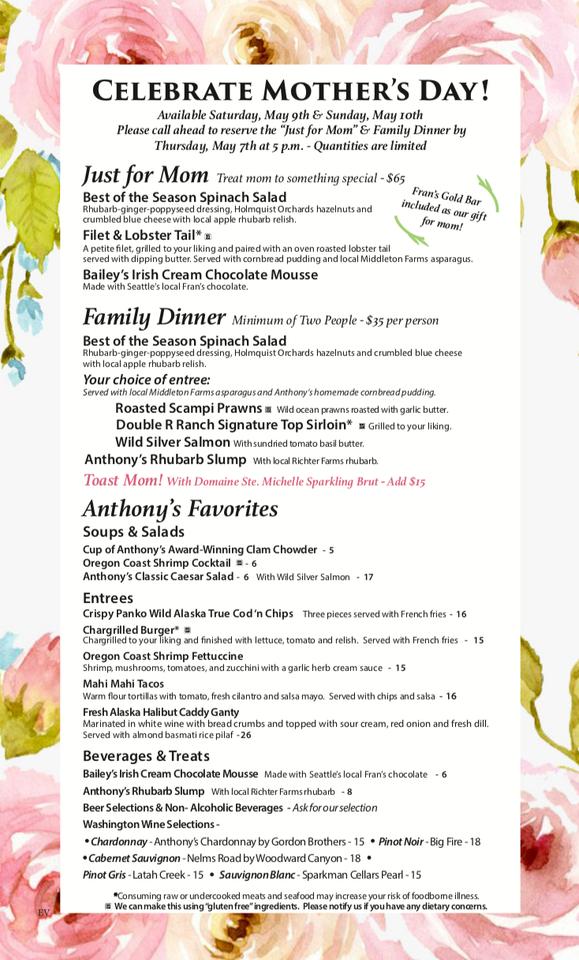 Menu at Anthony's HomePort Everett restaurant, Everett