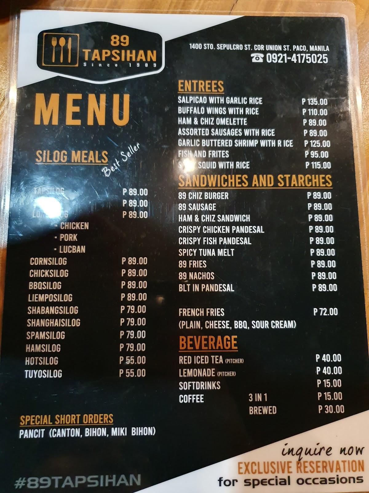 Menu at 89 Tapsihan restaurant, Manila