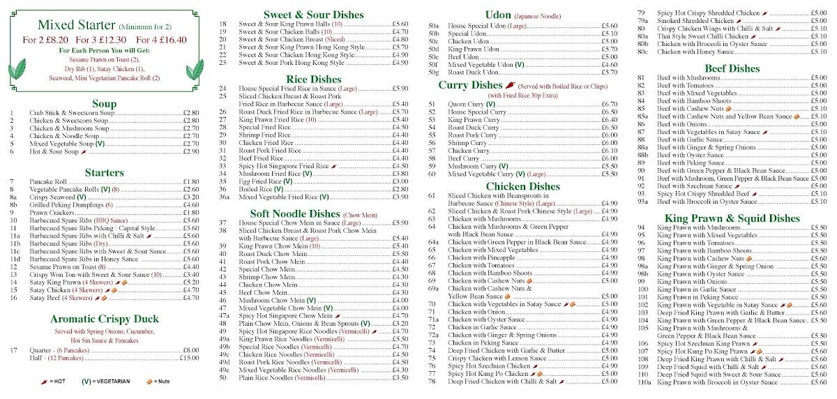 Menu at Green Tea Chinese Takeaway restaurant, South Benfleet