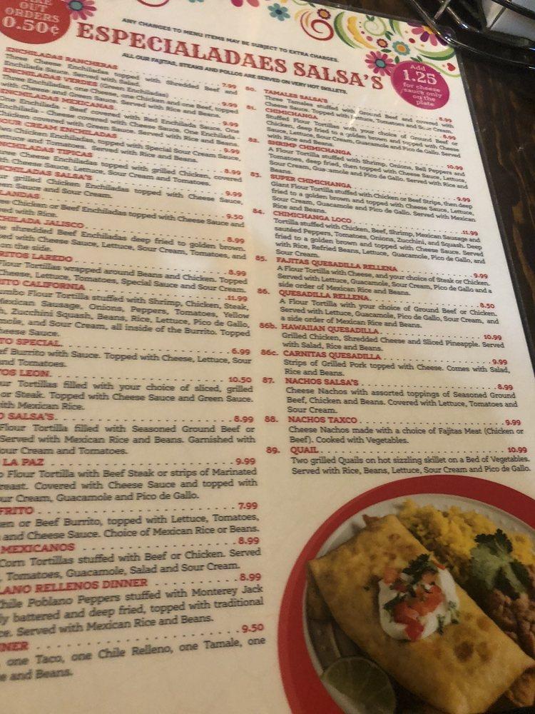 Menu at Salsa's Mexican Restaurant, Pearl