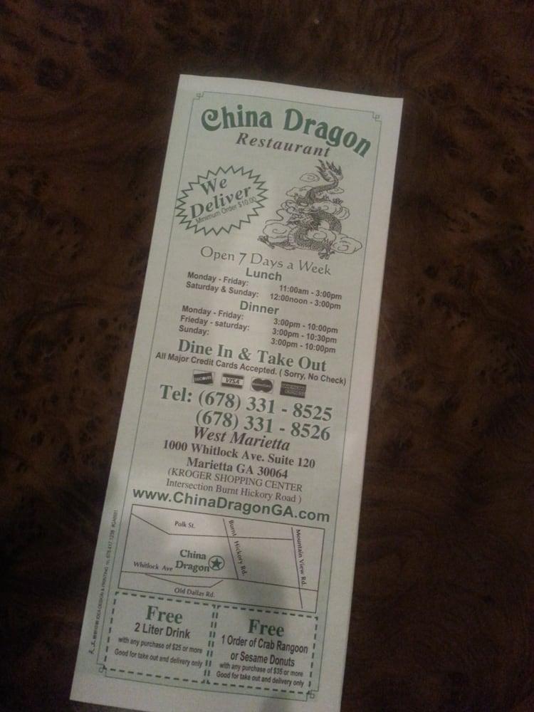 Menu at China Dragon restaurant, Marietta, Whitlock Ave NW