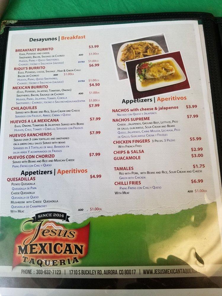Menu at Jesus Mexican Taqueria restaurant, Aurora