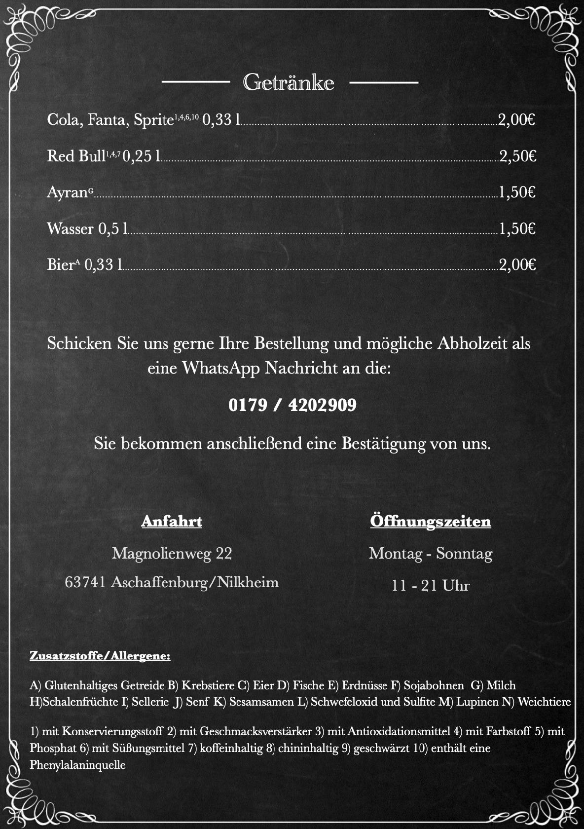 Menu at Rubins Imbiss restaurant, Aschaffenburg