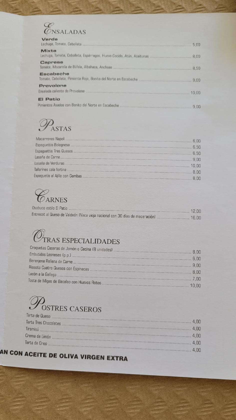 Carta del restaurante El Patio, La Virgen del Camino