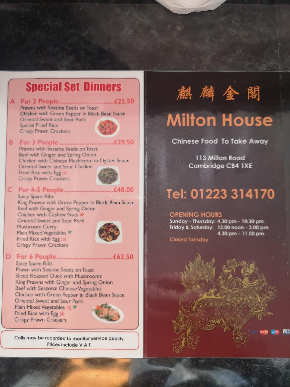 Menu at Milton House Take Away restaurant, Cambridge