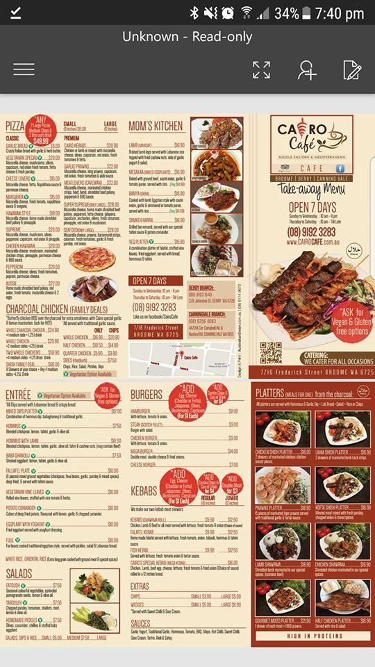Menu at Cairo Cafe, Broome