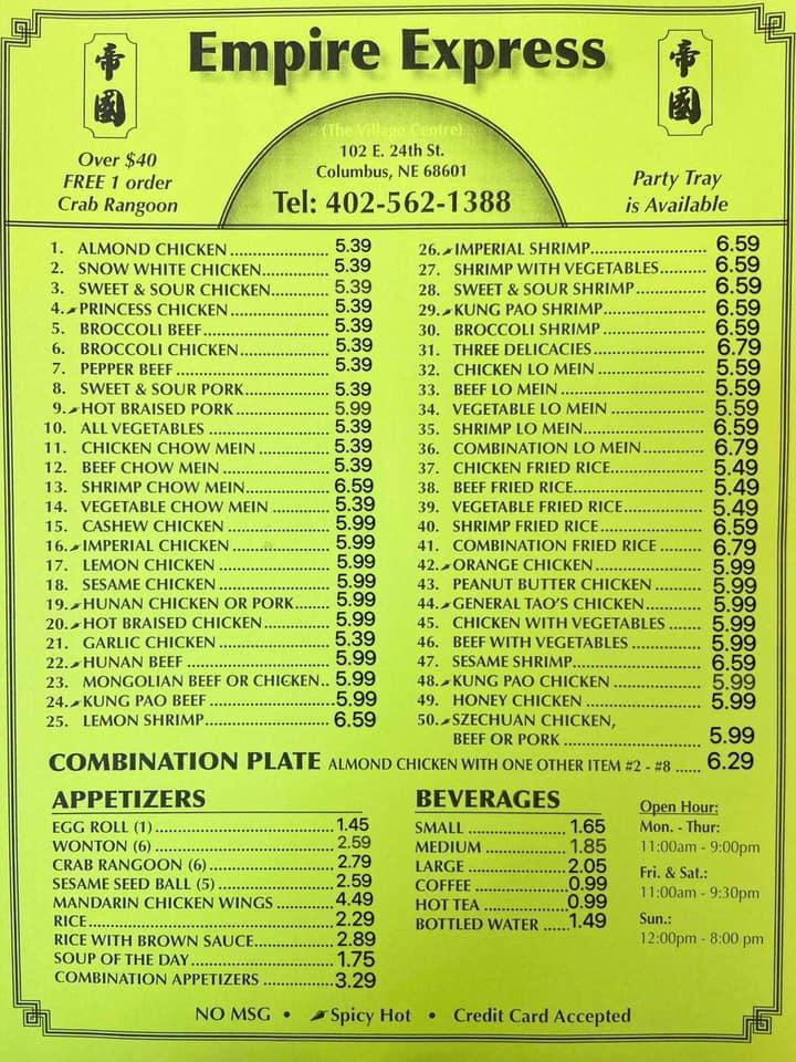 Menu at Empire Express restaurant, Columbus