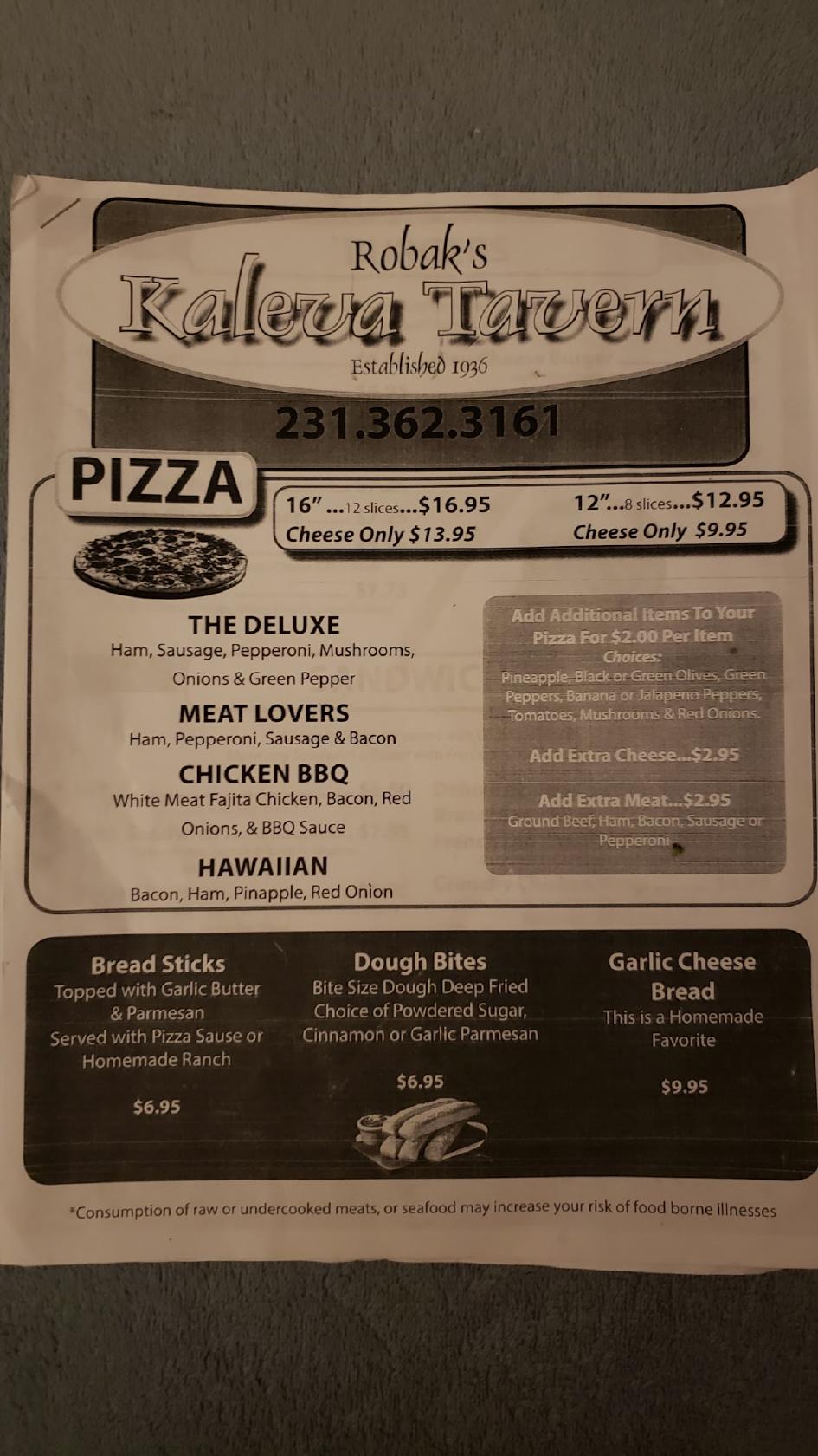 Menu at Kaleva Tavern pub & bar, Kaleva