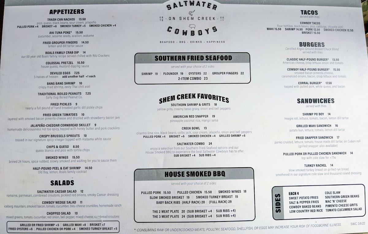 Menu at Saltwater Cowboys BBQ, Mount Pleasant