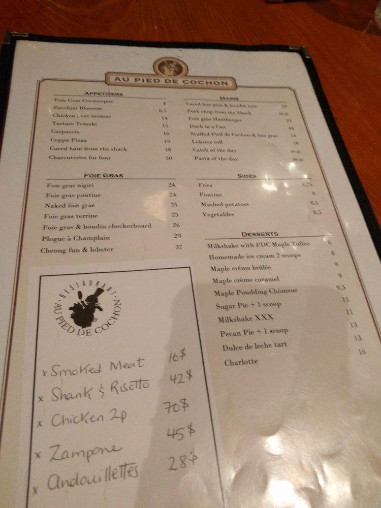 Menu au Au Pied de Cochon restaurant, Montréal, 536 Av. Duluth E