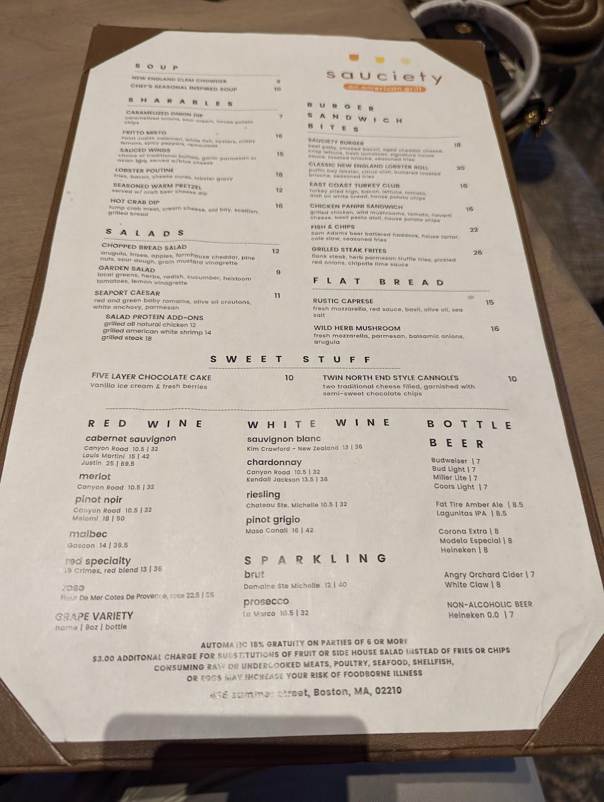 Menu at Sauciety Restaurant, Boston