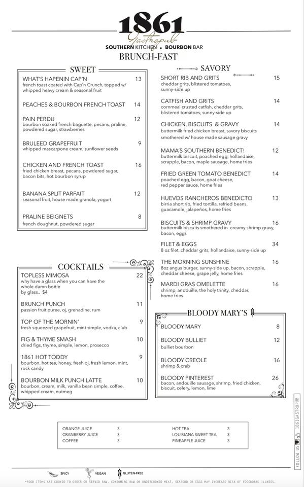 Menu at 1861 Southern Kitchen Bourbon Bar, Middletown