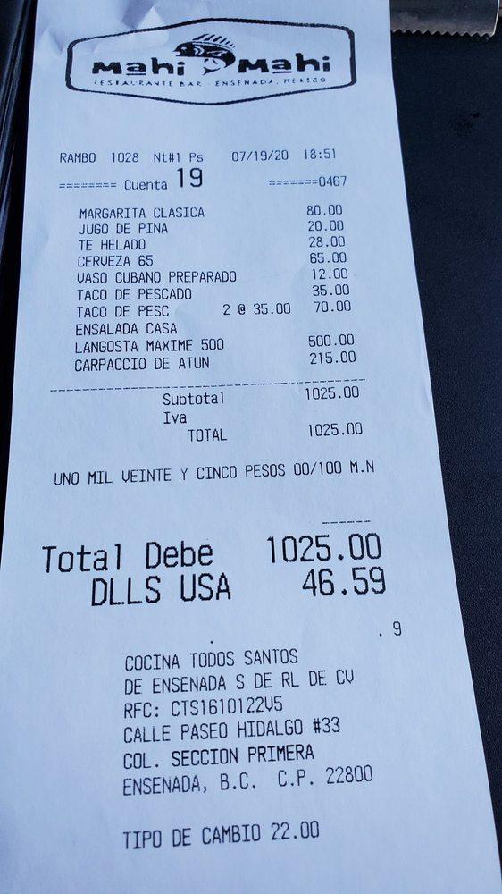 Menu at Mahi Mahi restaurant, Ensenada, P.º Miguel Hidalgo y Costilla 33