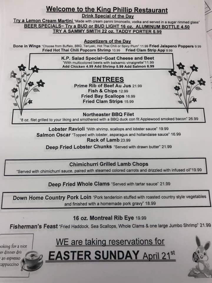 Menu at King Phillip Restaurant and Motel, Phillipston