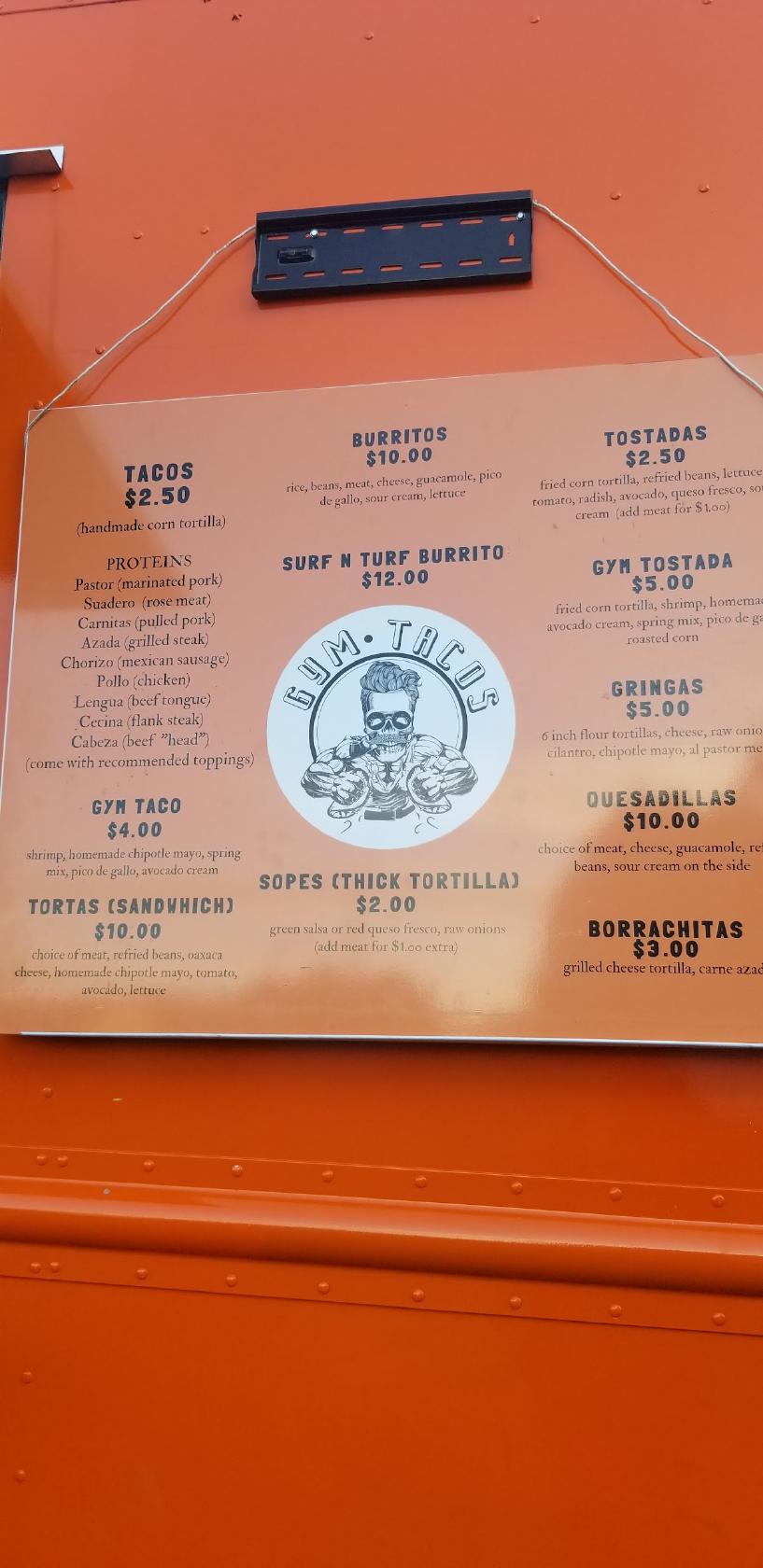 Menu at Gym Tacos restaurant, Raleigh, 220 E Six Forks Rd