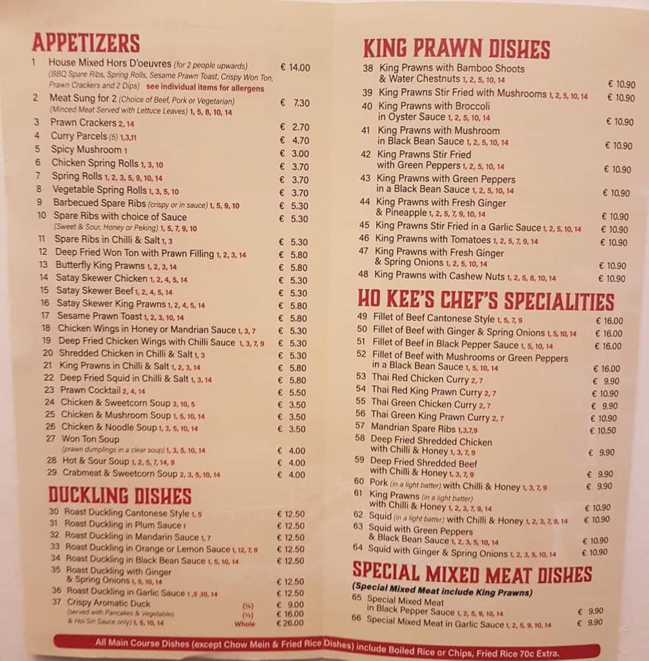 Menu At Ho Kee Chinese Restaurant Bandon