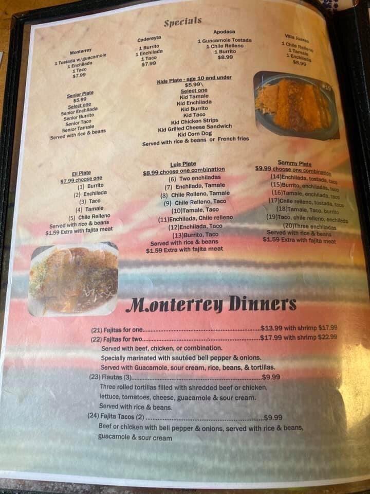 Carta de Monterrey's Mexican Restaurant, Burns Flat
