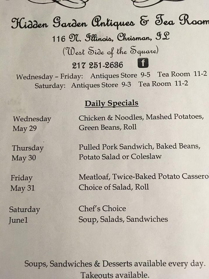 Menu at Hidden Garden Antiques & Tea Room restaurant, Chrisman