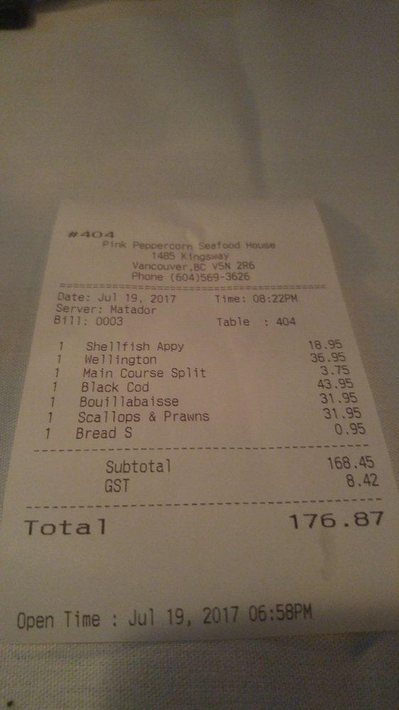 Menu at Pink Peppercorn Seafood House restaurant, Vancouver