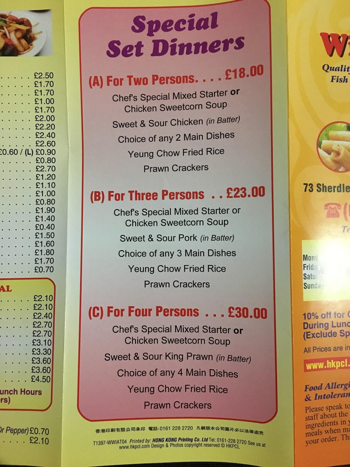 Menu at Wing Wah Chinese Takeaway fast food, St Helens
