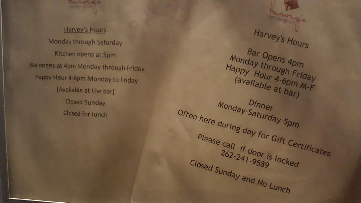 Harvey's Central Grille Menu