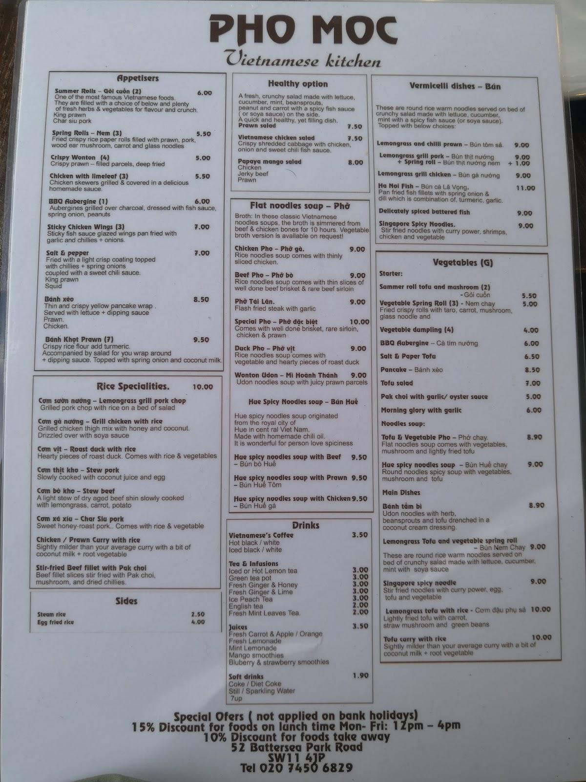 Menu at Pho Moc restaurant, London