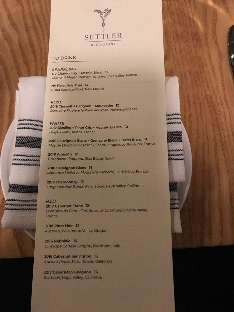 Menu at Settler restaurant, Salem