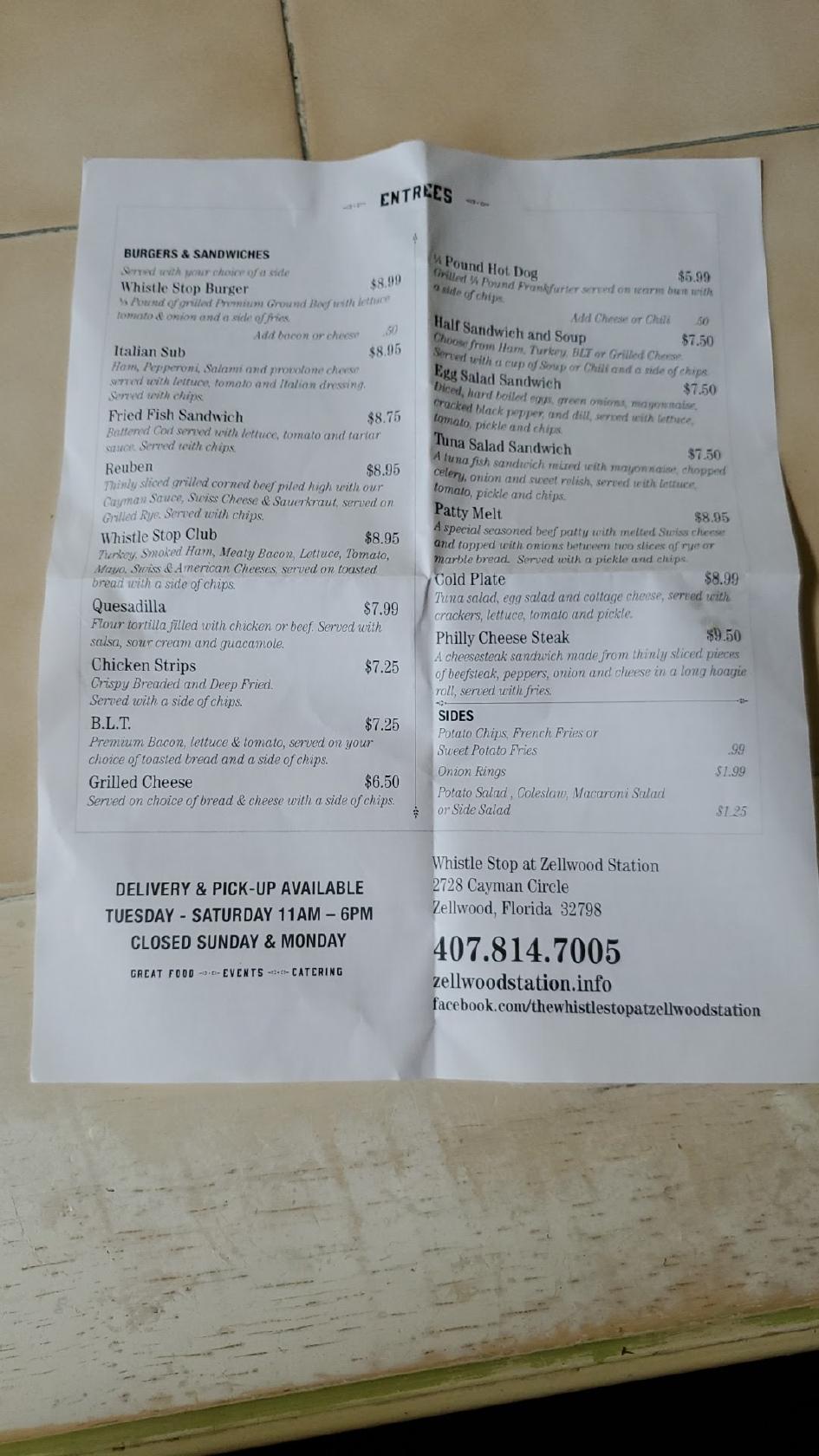 Menu at Whistle Stop Lounge Restaurant, Zellwood