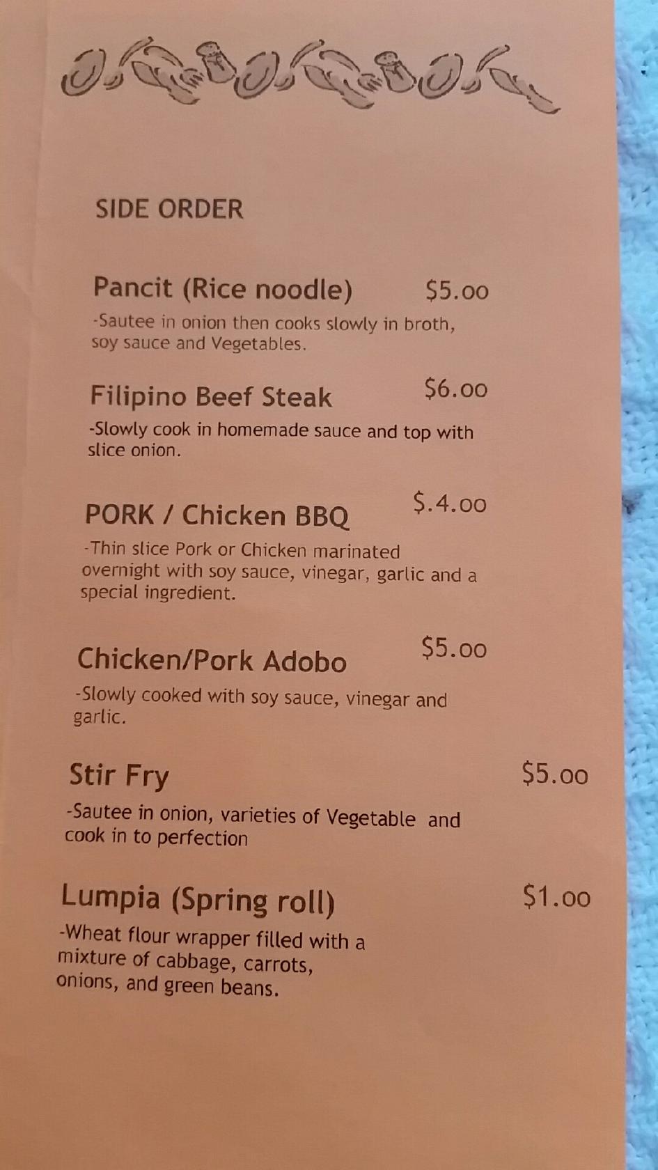 Menu at Lutong Pinoy restaurant, Kittitas