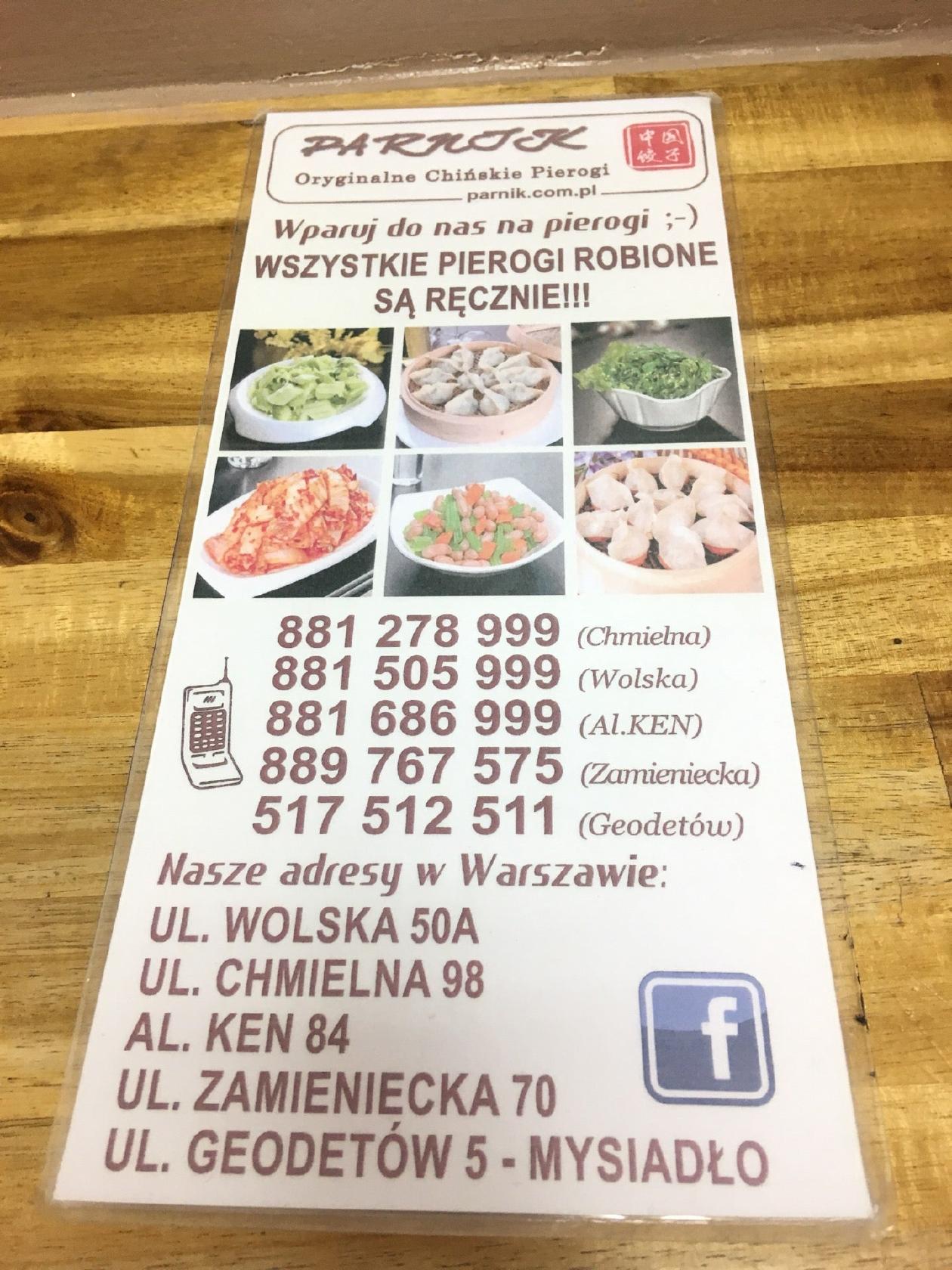 Menu at Parnik restaurant, Warsaw, Wolska 50A