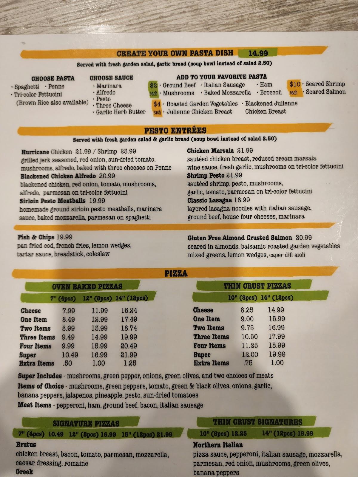 Menu at Pesto's restaurant, Flint
