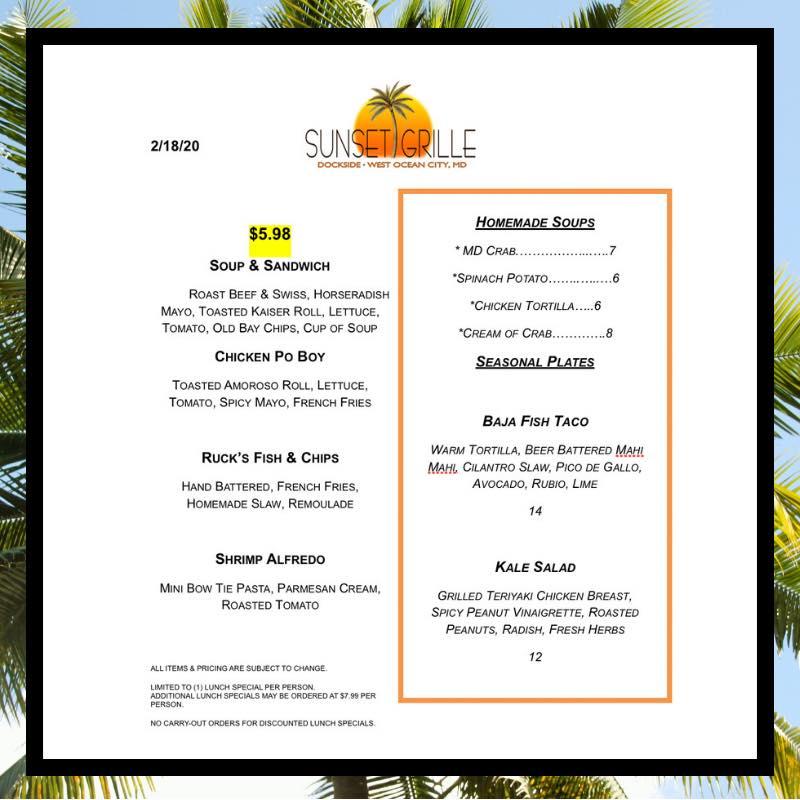 Menu at Sunset Grille pub & bar, Ocean City, Sunset Ave