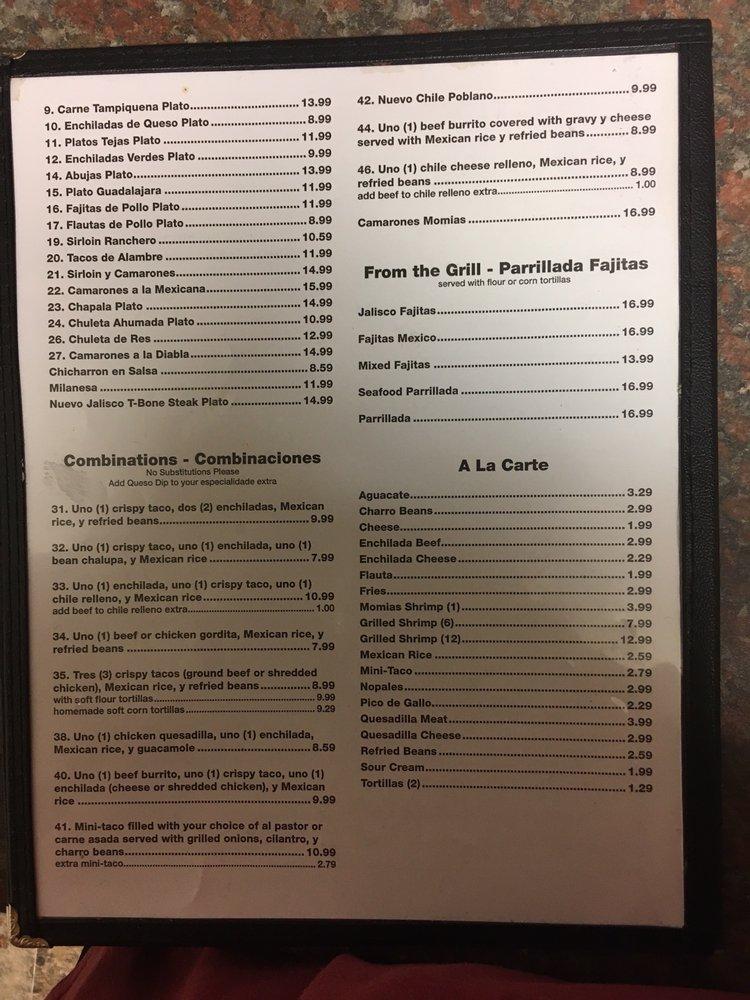 Menu at Taqueria Jalisco restaurant, Lubbock, Avenue Q