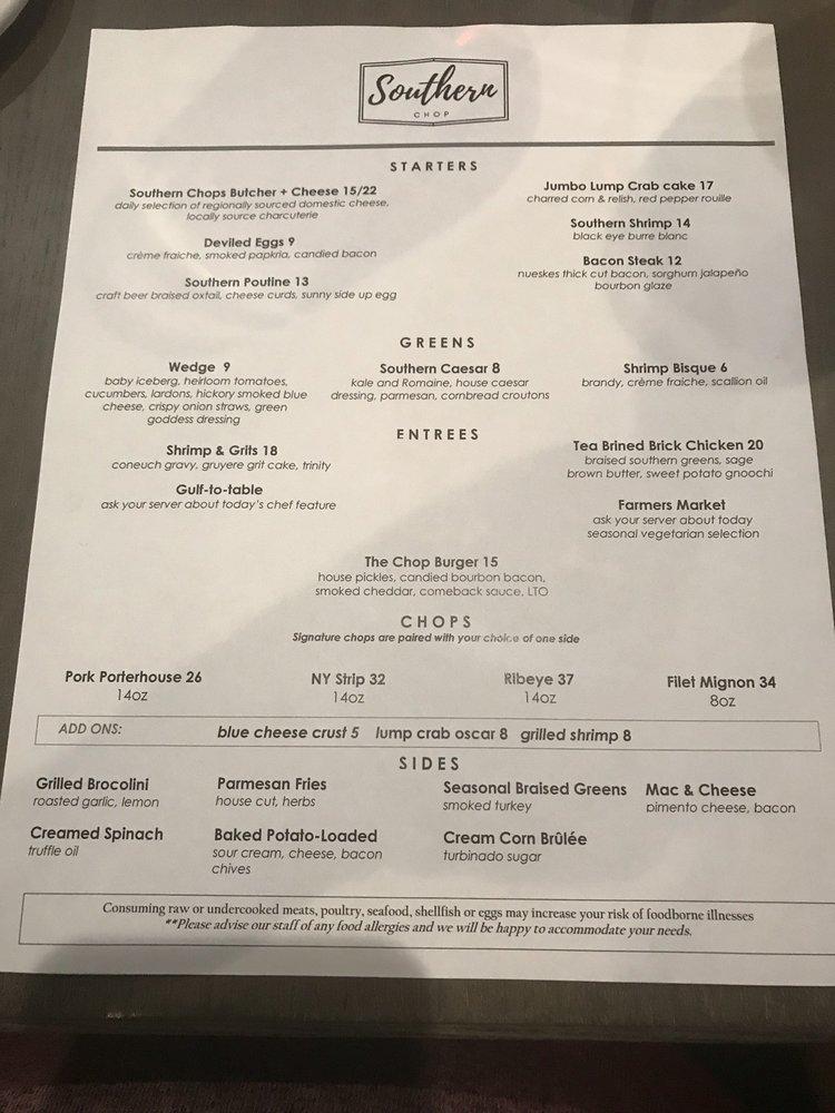 Menu at The Southern Chop steakhouse, Huntsville