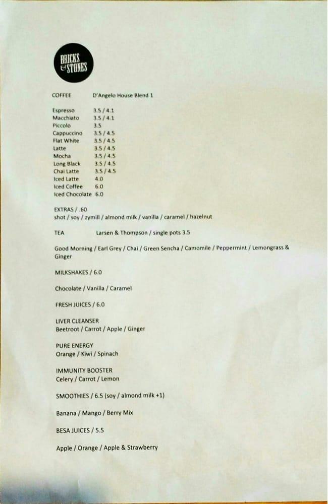 Menu at Bricks & Stones Cafe, Unley