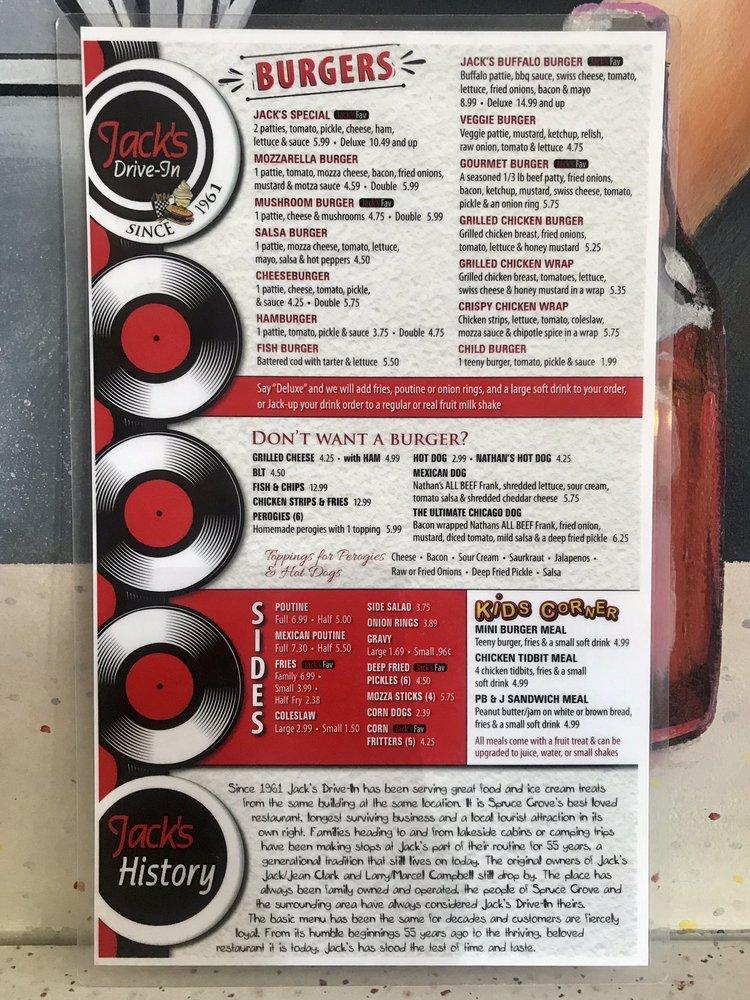 Menu at Jack's DriveIn fast food, Spruce Grove