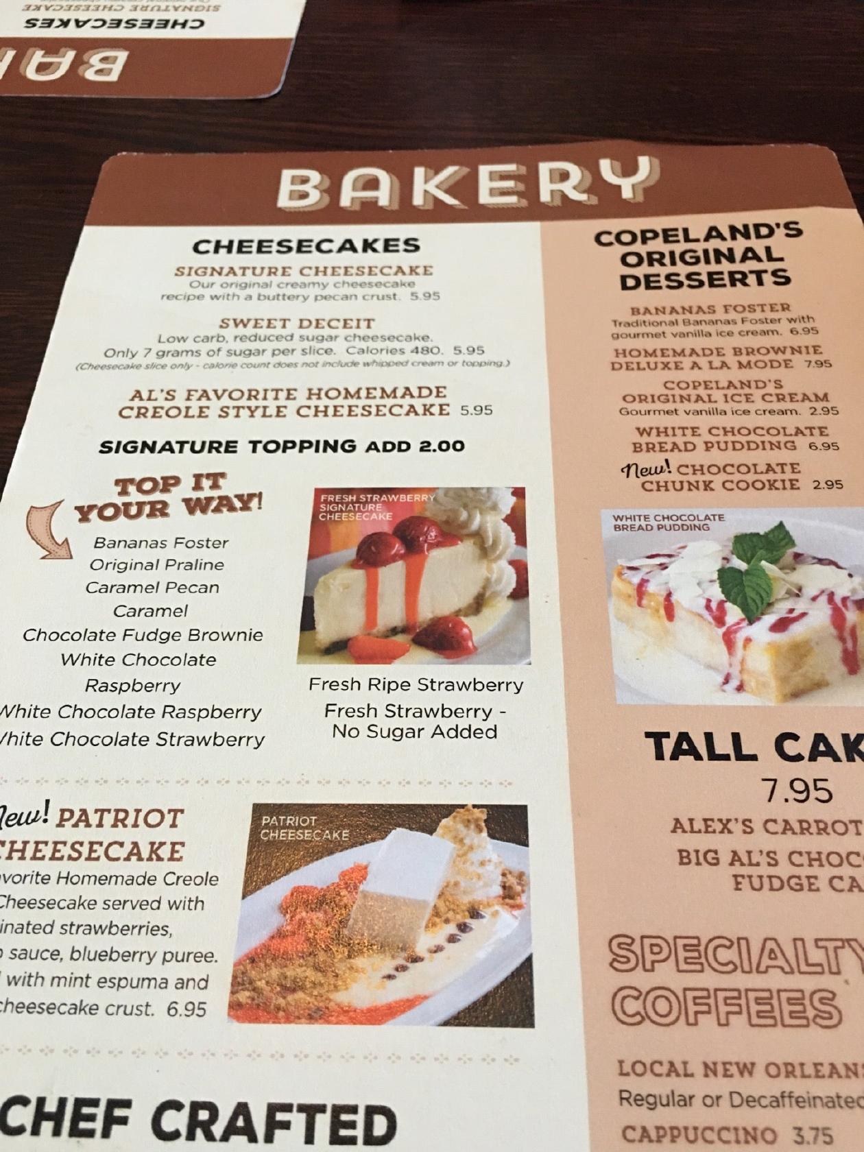 Menu at Copeland's of New Orleans restaurant, Kenner, W Esplanade Ave