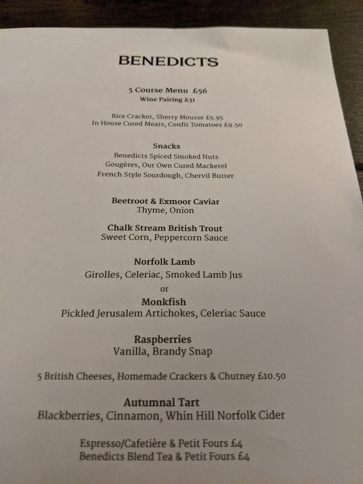 Menu at Benedicts restaurant, Norwich, 9 St Benedicts St