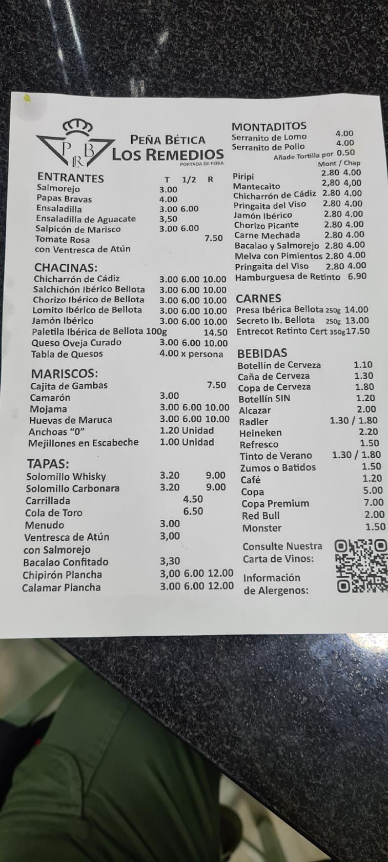 Menu at Peña Bética Los Remedios Portada de Feria restaurant, Seville