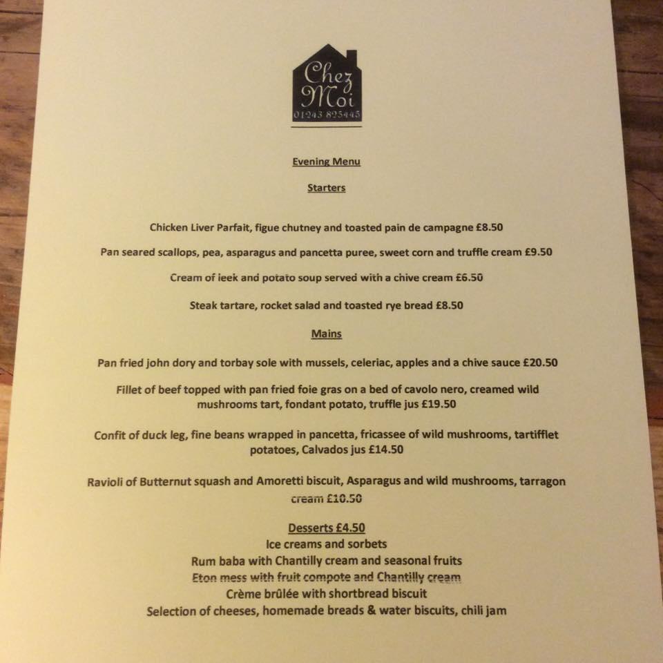 Menu at Chez Moi restaurant, Bognor Regis