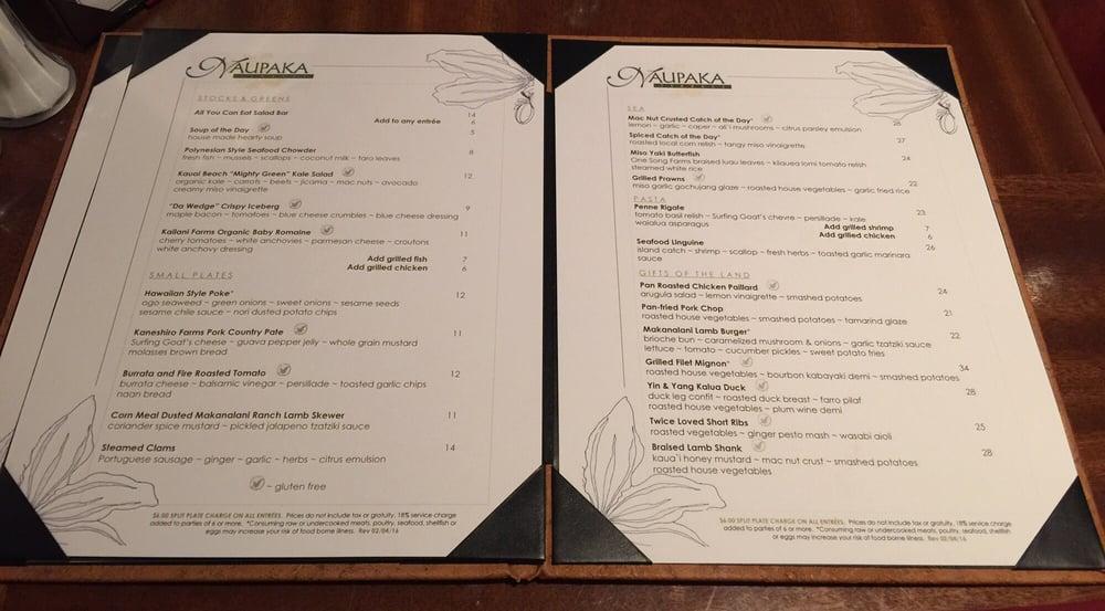 Menu at Naupaka Terrace Restaurant, Lihue, Kauai Beach Dr