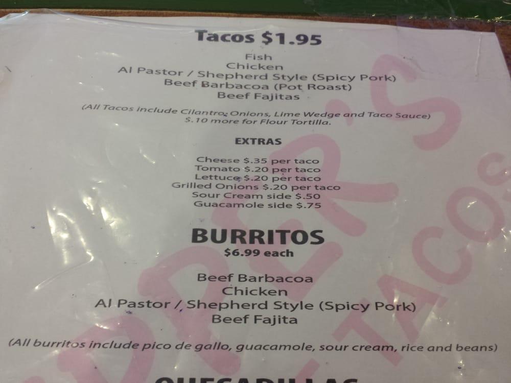 Menu at Pepper's Street Tacos restaurant, Grand Prairie
